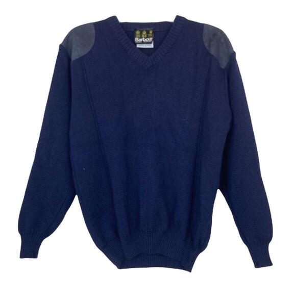 Barbour Navy Blue Wool Suede Leather Patch Sweater Sz M - Picture 8 of 8
